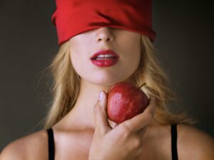 tonight, its all about taste. studio shot of a blindfolded young